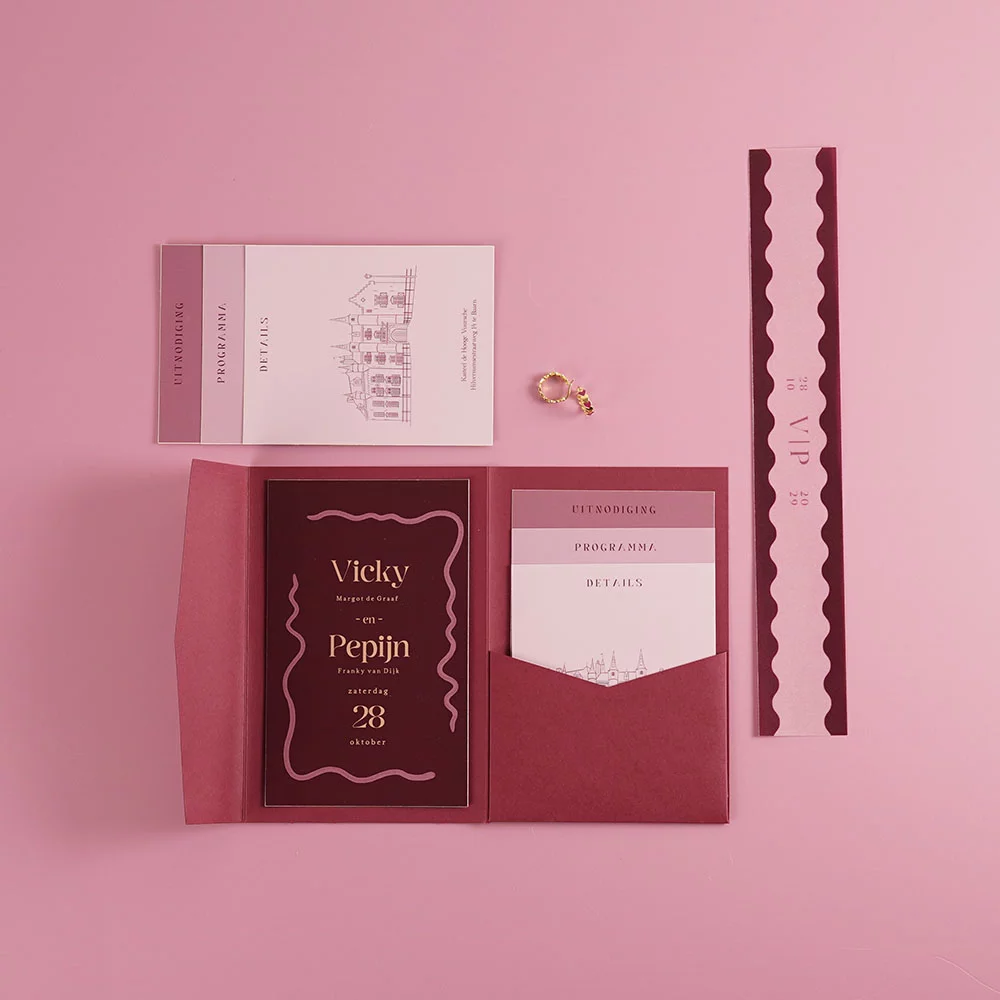 pocketfold set trouwkaart roze rood