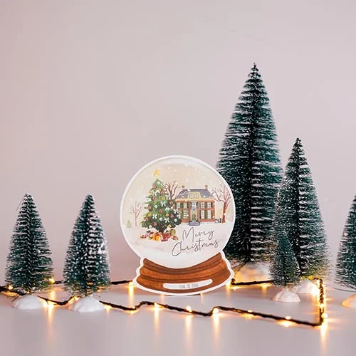 kerstkaart sneeuw globe